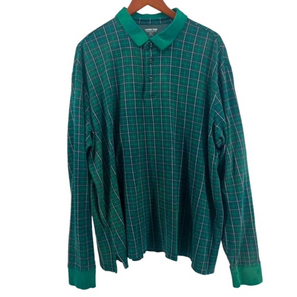 Lands’ End Mens Polo Shirt Traditional Fit Long Sleeve Green Plaid 10481
